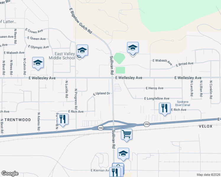 map of restaurants, bars, coffee shops, grocery stores, and more near 4619 North Sullivan Road in Spokane Valley
