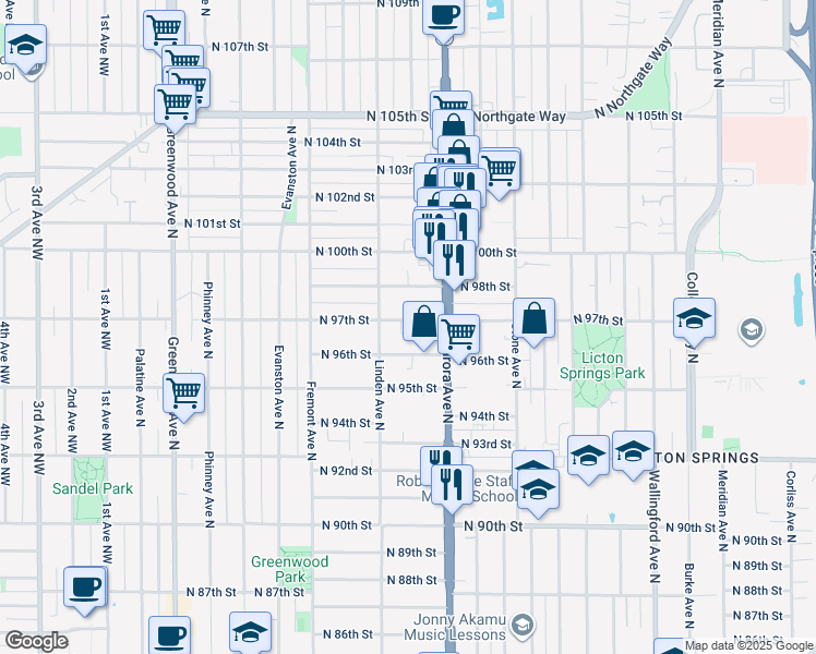 map of restaurants, bars, coffee shops, grocery stores, and more near 925 North 97th Street in Seattle