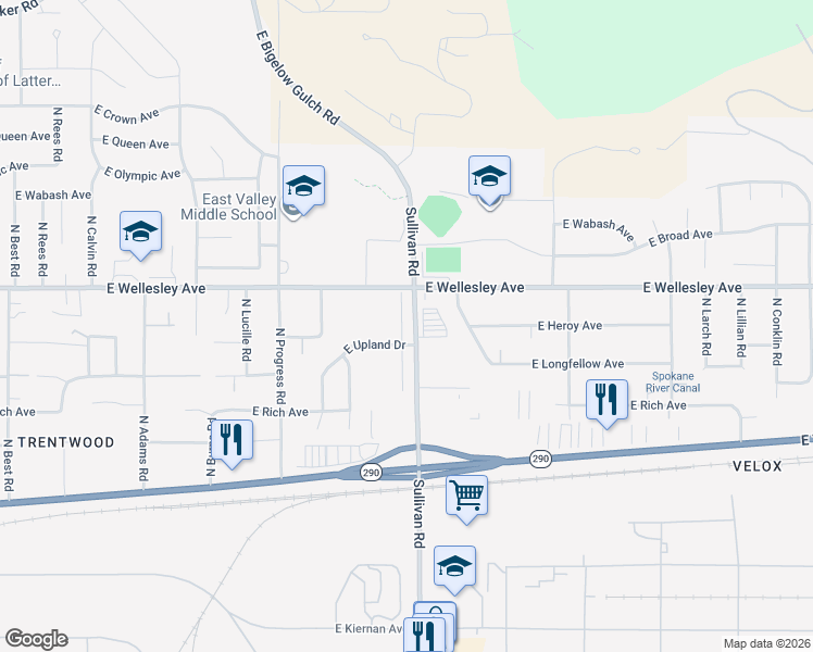 map of restaurants, bars, coffee shops, grocery stores, and more near 4621 North Sullivan Road in Spokane Valley
