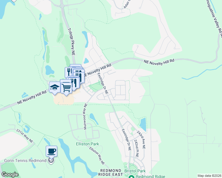 map of restaurants, bars, coffee shops, grocery stores, and more near Northeast 113th Lane in Redmond