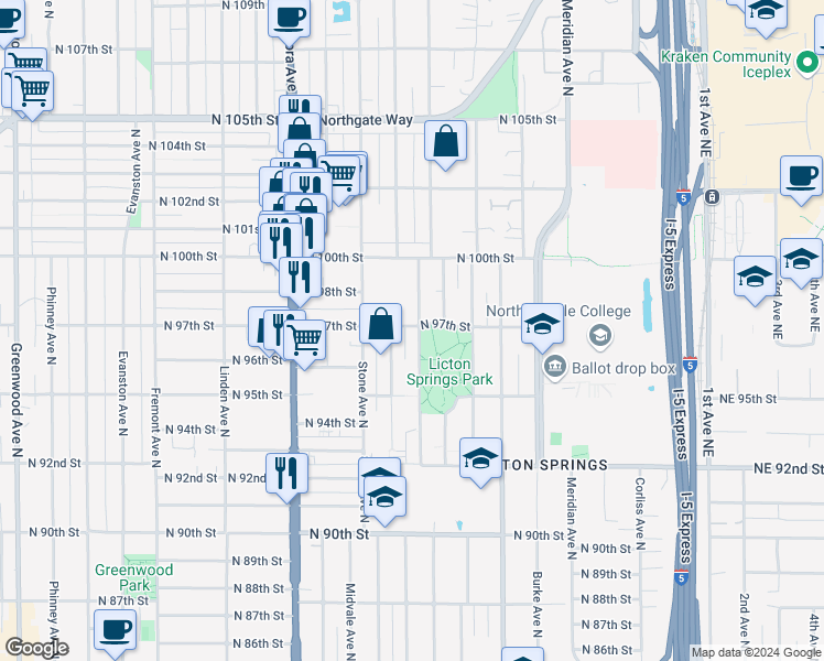 map of restaurants, bars, coffee shops, grocery stores, and more near 9710A Ashworth Avenue North in Seattle