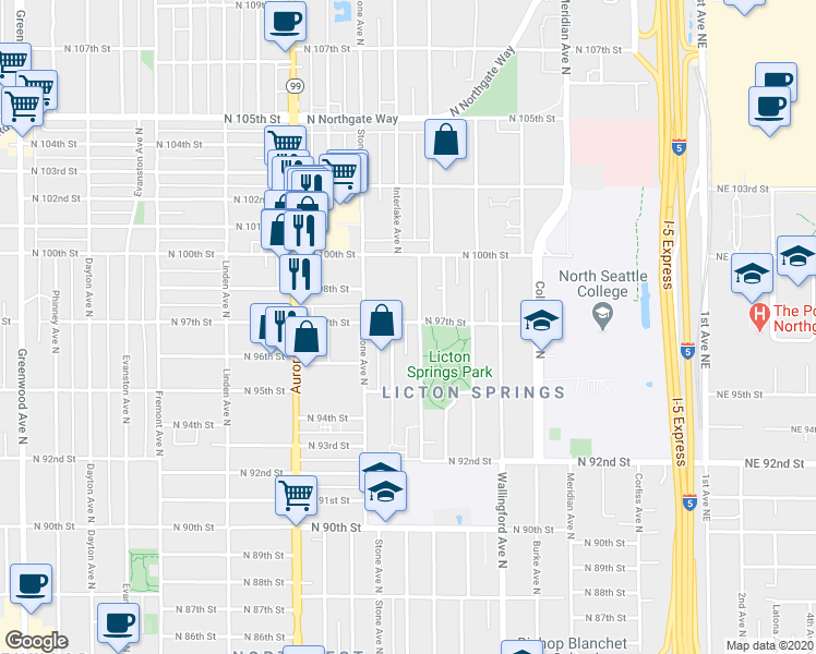 map of restaurants, bars, coffee shops, grocery stores, and more near 9710A Ashworth Avenue North in Seattle