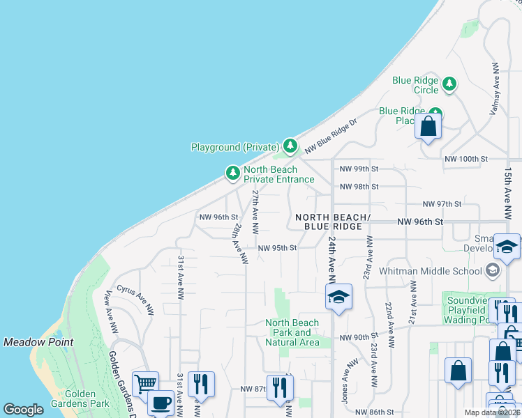 map of restaurants, bars, coffee shops, grocery stores, and more near in Seattle