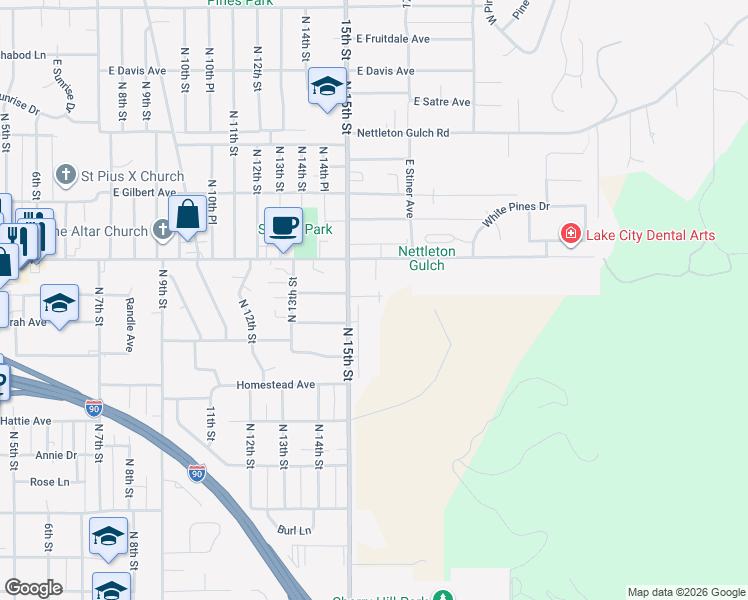 map of restaurants, bars, coffee shops, grocery stores, and more near 2511 North 16th Street in Coeur d'Alene