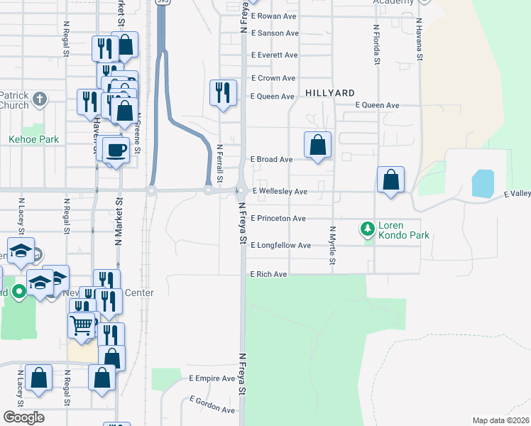 map of restaurants, bars, coffee shops, grocery stores, and more near 3704 East Wellesley Avenue in Spokane