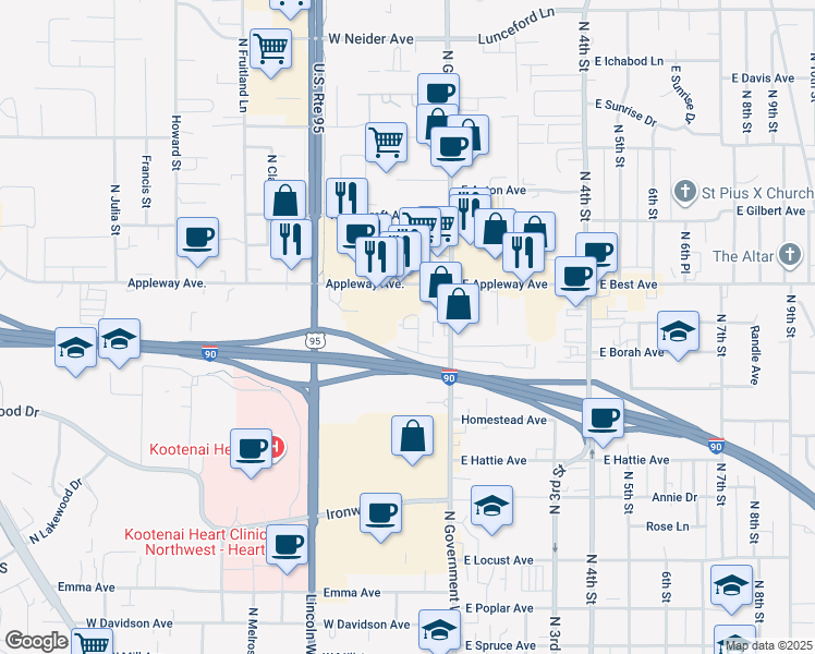 map of restaurants, bars, coffee shops, grocery stores, and more near 280 West Appleway Avenue in Coeur d'Alene