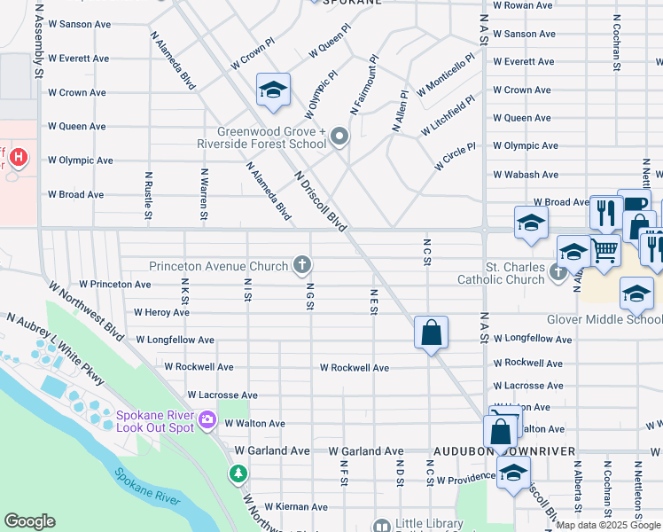 map of restaurants, bars, coffee shops, grocery stores, and more near 3428 West Hoffman Avenue in Spokane