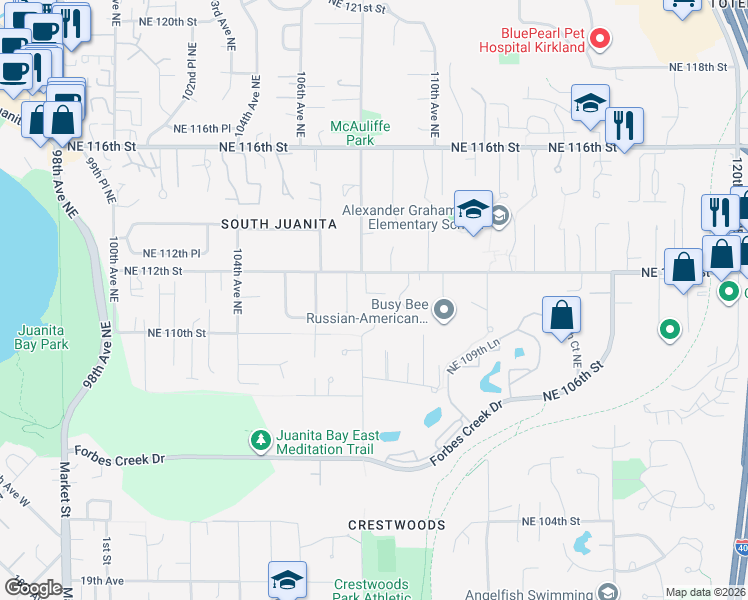 map of restaurants, bars, coffee shops, grocery stores, and more near 11136 108th Avenue Northeast in Kirkland