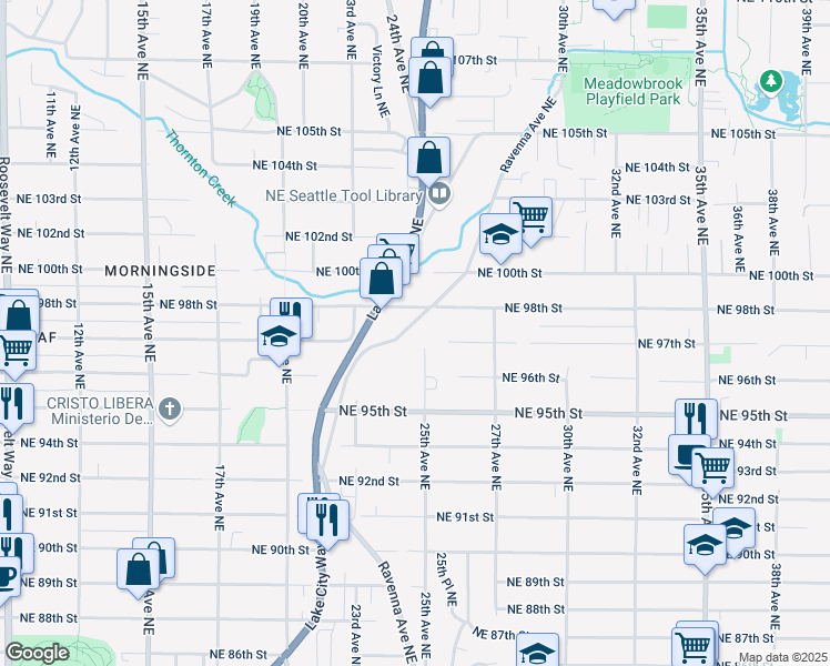 map of restaurants, bars, coffee shops, grocery stores, and more near 9700 Lake City Way Northeast in Seattle