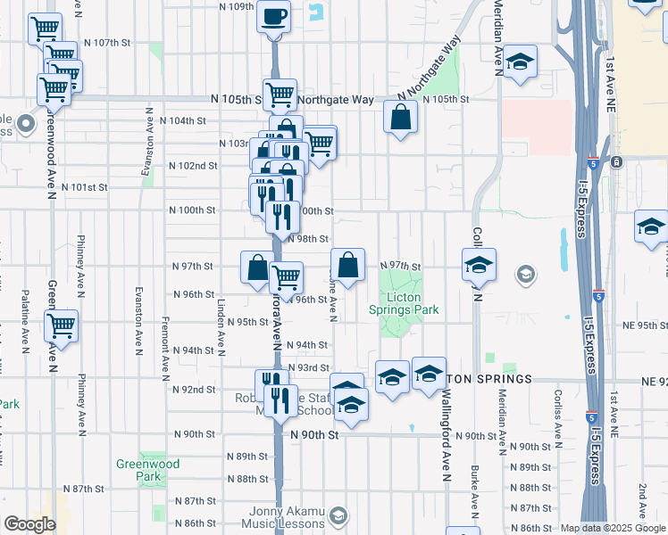 map of restaurants, bars, coffee shops, grocery stores, and more near 1300 North 97th Street in Seattle