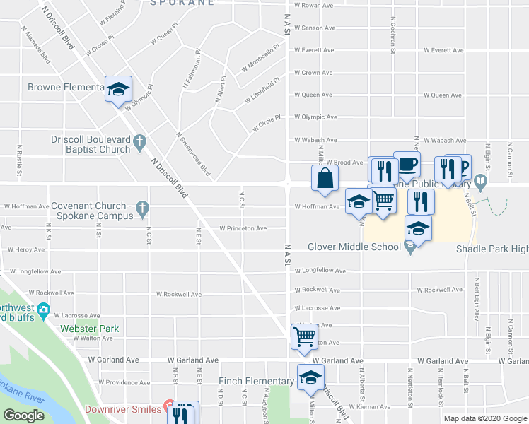 map of restaurants, bars, coffee shops, grocery stores, and more near 3003 West Hoffman Avenue in Spokane