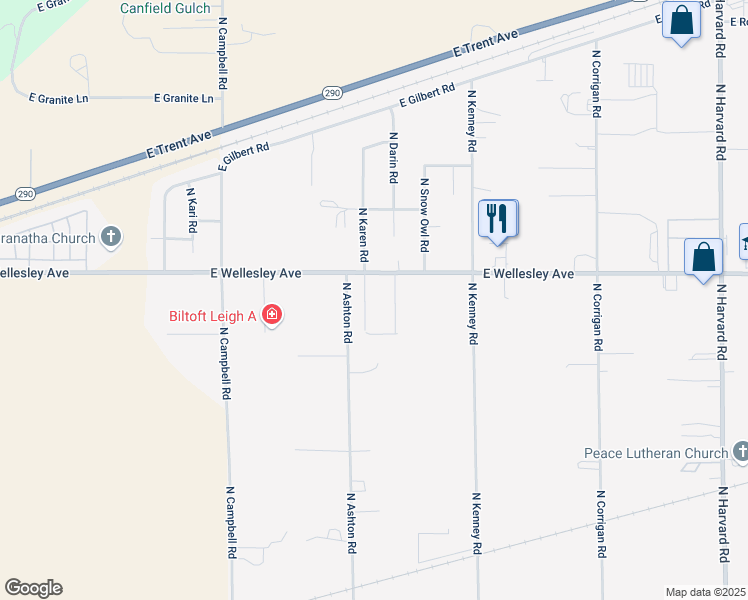 map of restaurants, bars, coffee shops, grocery stores, and more near 20702 East Wellesley Avenue in Otis Orchards-East Farms