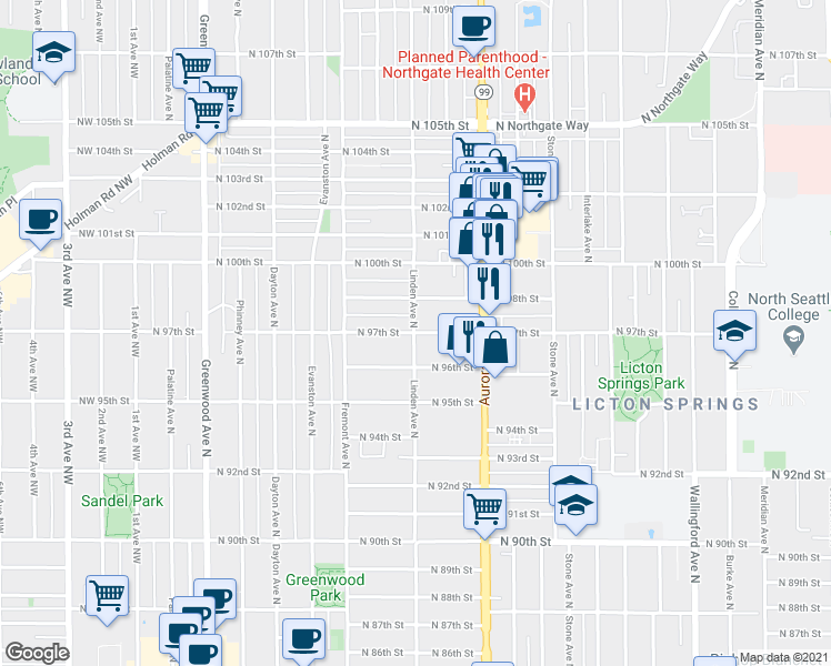 map of restaurants, bars, coffee shops, grocery stores, and more near North 97th Street in Seattle