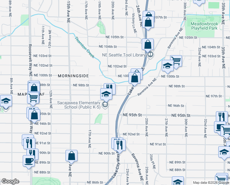map of restaurants, bars, coffee shops, grocery stores, and more near 2025 Northeast 98th Street in Seattle