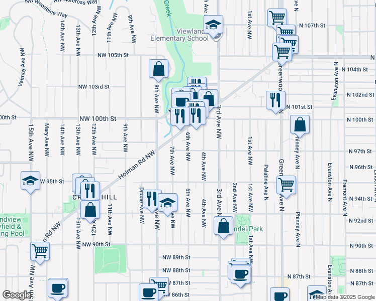 map of restaurants, bars, coffee shops, grocery stores, and more near 9700 6th Avenue Northwest in Seattle