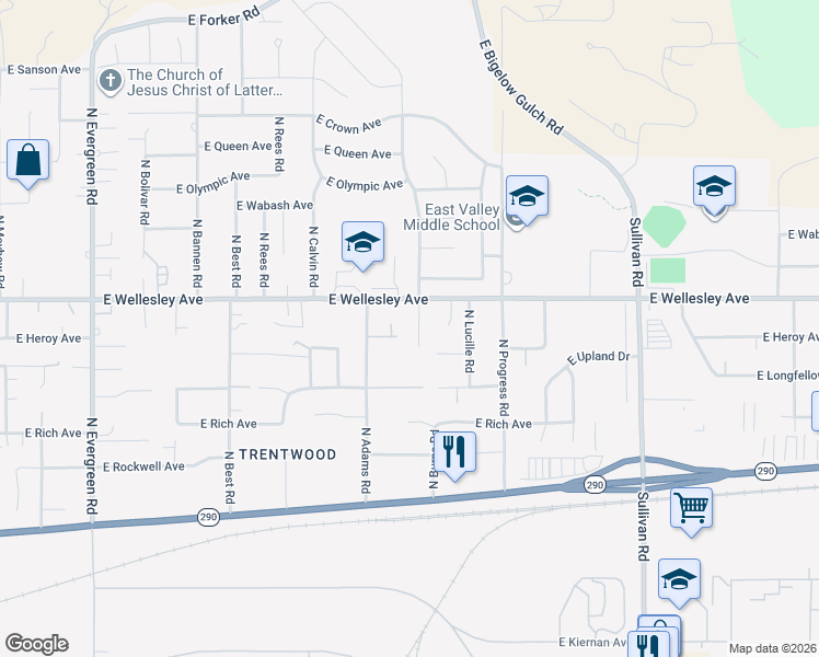 map of restaurants, bars, coffee shops, grocery stores, and more near 4718 North Burns Road in Spokane Valley