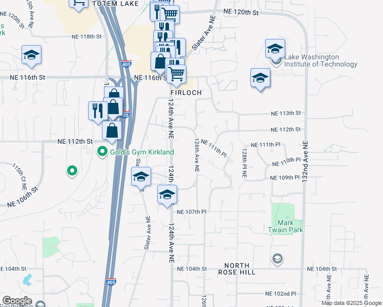 map of restaurants, bars, coffee shops, grocery stores, and more near 11020 126th Avenue Northeast in Kirkland