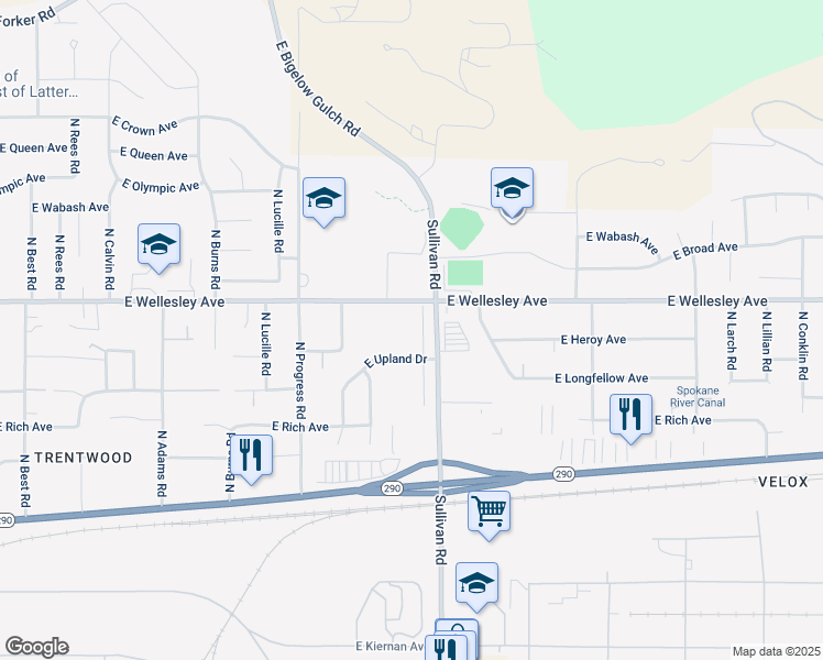 map of restaurants, bars, coffee shops, grocery stores, and more near 4709 North Sullivan Road in Spokane Valley
