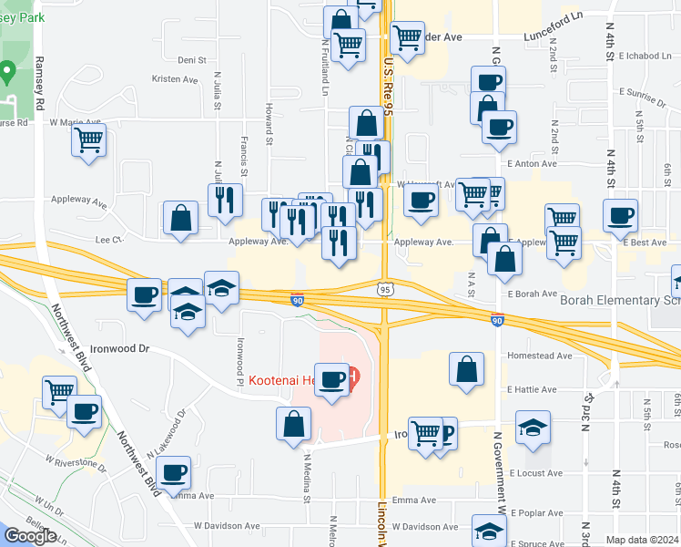 map of restaurants, bars, coffee shops, grocery stores, and more near 506 West Appleway Avenue in Coeur d'Alene