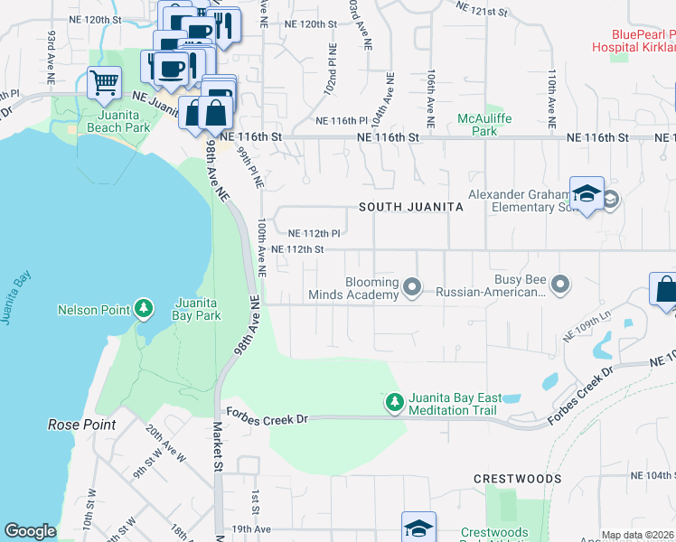map of restaurants, bars, coffee shops, grocery stores, and more near 10207 Northeast 112th Street in Kirkland