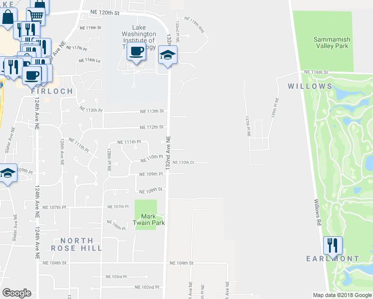 map of restaurants, bars, coffee shops, grocery stores, and more near 13416 Northeast 111th Court in Redmond
