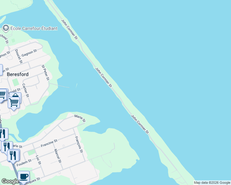 map of restaurants, bars, coffee shops, grocery stores, and more near John Cormier Street in Beresford