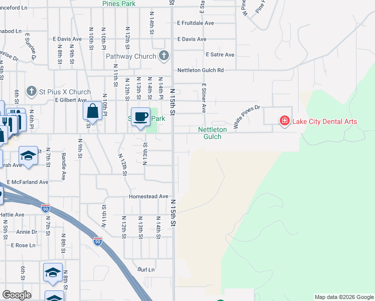 map of restaurants, bars, coffee shops, grocery stores, and more near 2518 North 16th Street in Coeur d'Alene