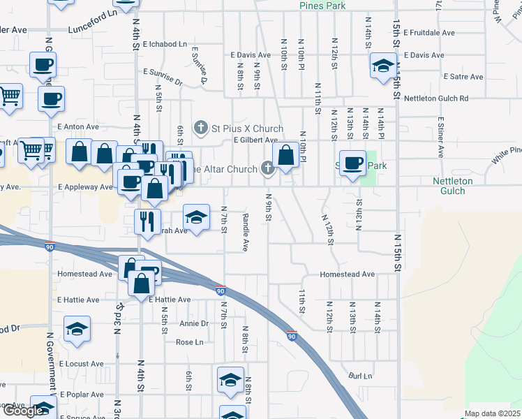 map of restaurants, bars, coffee shops, grocery stores, and more near 2433 North 9th Street in Coeur d'Alene