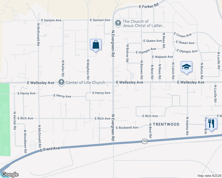 map of restaurants, bars, coffee shops, grocery stores, and more near 4711 North Evergreen Road in Spokane Valley