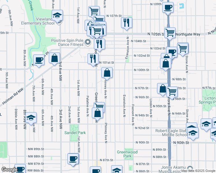 map of restaurants, bars, coffee shops, grocery stores, and more near 9712 Phinney Avenue North in Seattle