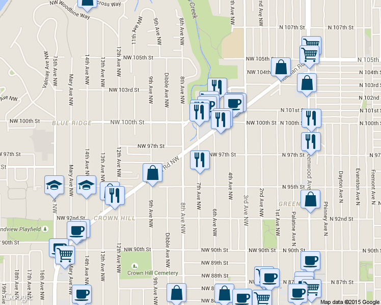 map of restaurants, bars, coffee shops, grocery stores, and more near 9702 8th Avenue Northwest in Seattle