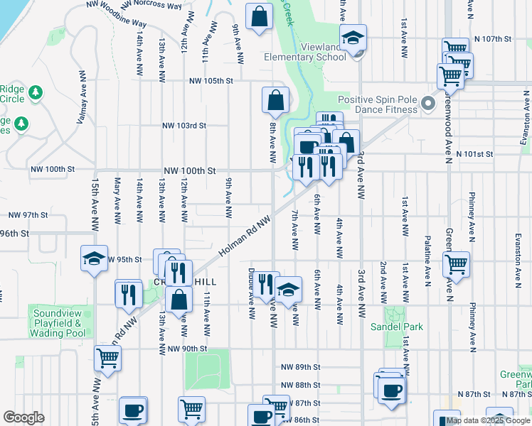map of restaurants, bars, coffee shops, grocery stores, and more near 823 Northwest 97th Street in Seattle