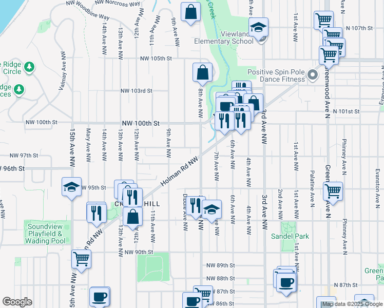 map of restaurants, bars, coffee shops, grocery stores, and more near 823 Northwest 97th Street in Seattle