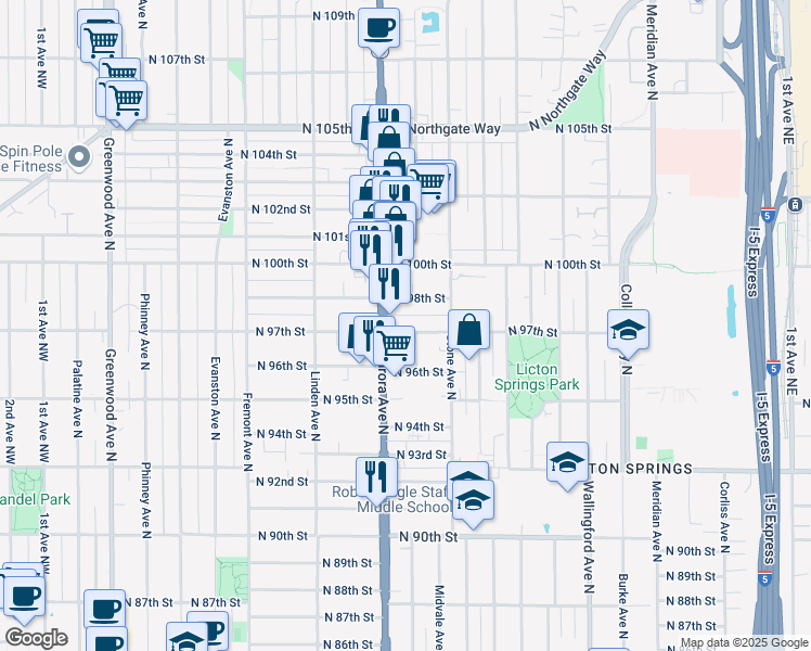 map of restaurants, bars, coffee shops, grocery stores, and more near 9708 Aurora Avenue North in Seattle