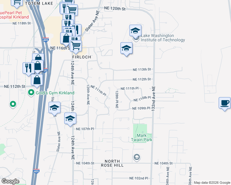 map of restaurants, bars, coffee shops, grocery stores, and more near 11120 127th Place Northeast in Kirkland