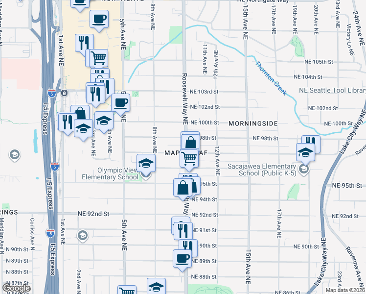 map of restaurants, bars, coffee shops, grocery stores, and more near 9709 Roosevelt Way Northeast in Seattle