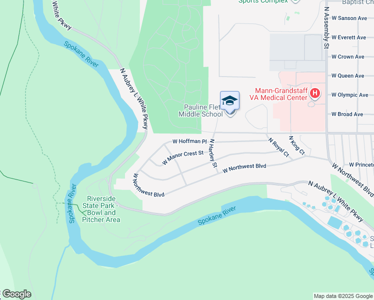 map of restaurants, bars, coffee shops, grocery stores, and more near 5212 West Manor Crest Street in Spokane