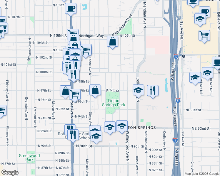 map of restaurants, bars, coffee shops, grocery stores, and more near 9701 Woodlawn Avenue North in Seattle