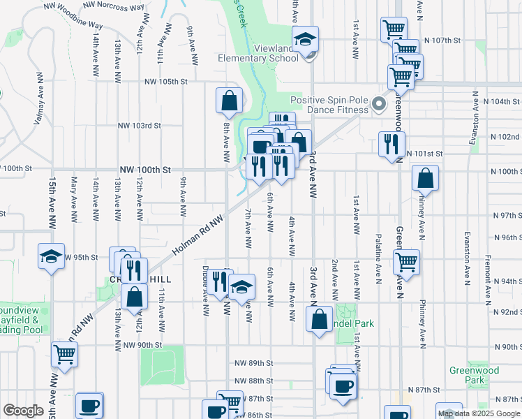 map of restaurants, bars, coffee shops, grocery stores, and more near 612 Northwest 97th Street in Seattle