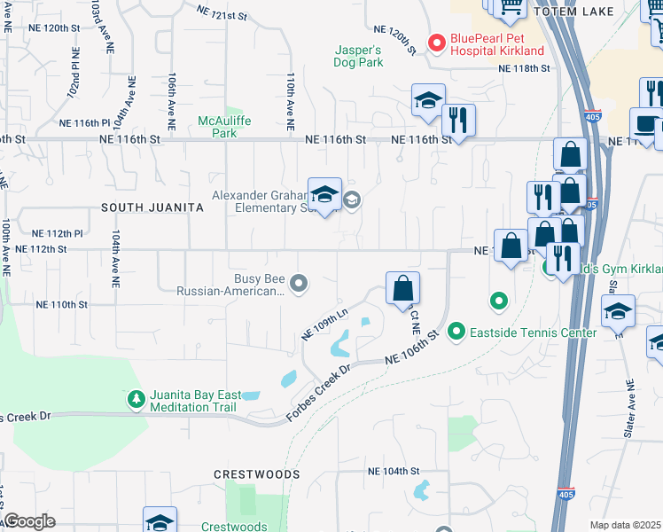 map of restaurants, bars, coffee shops, grocery stores, and more near 11205 Northeast 112th Street in Kirkland
