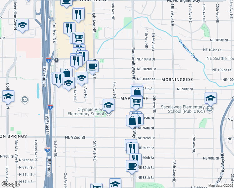 map of restaurants, bars, coffee shops, grocery stores, and more near 9710 8th Avenue Northeast in Seattle