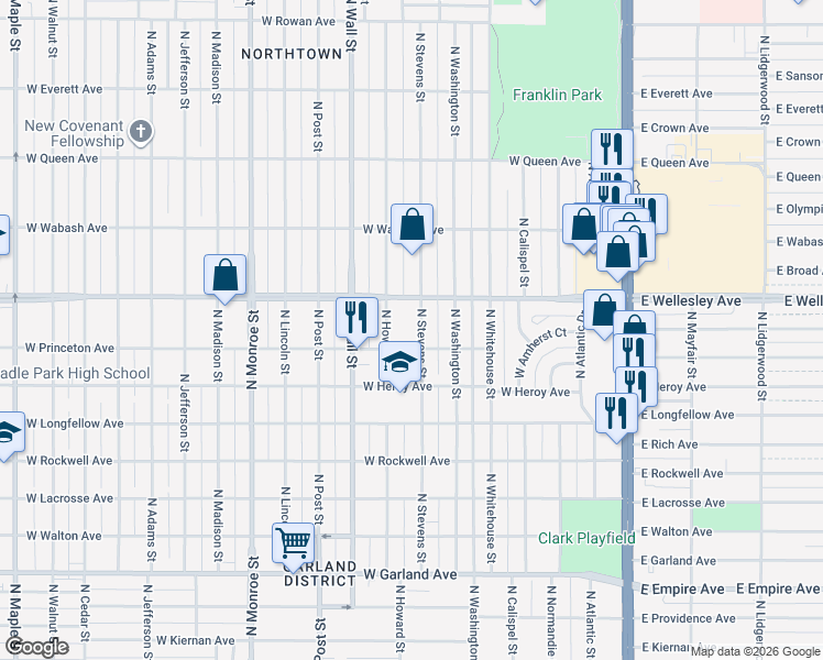 map of restaurants, bars, coffee shops, grocery stores, and more near 4520 North Howard Street in Spokane