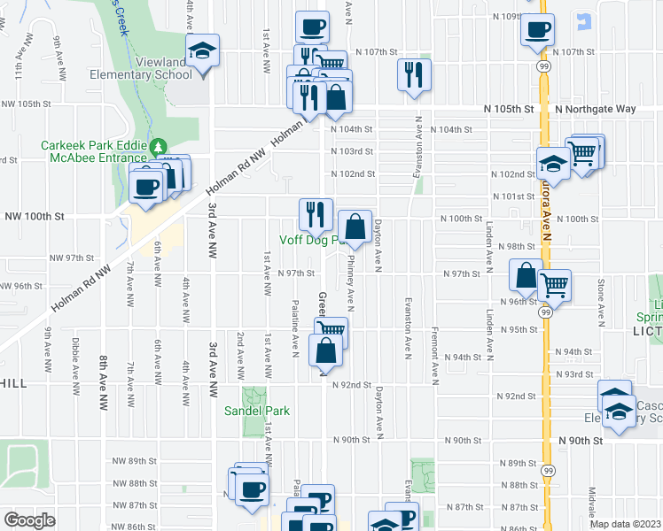 map of restaurants, bars, coffee shops, grocery stores, and more near 9710 Greenwood Avenue North in Seattle