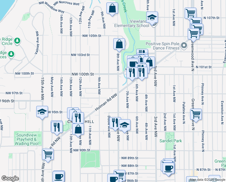 map of restaurants, bars, coffee shops, grocery stores, and more near 823 Northwest 97th Street in Seattle