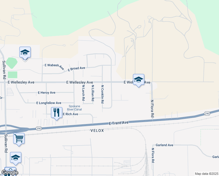 map of restaurants, bars, coffee shops, grocery stores, and more near 4719 North Sunnyvale Drive in Spokane Valley