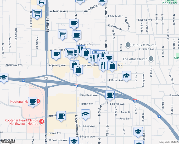 map of restaurants, bars, coffee shops, grocery stores, and more near 116 East Appleway Avenue in Coeur d'Alene
