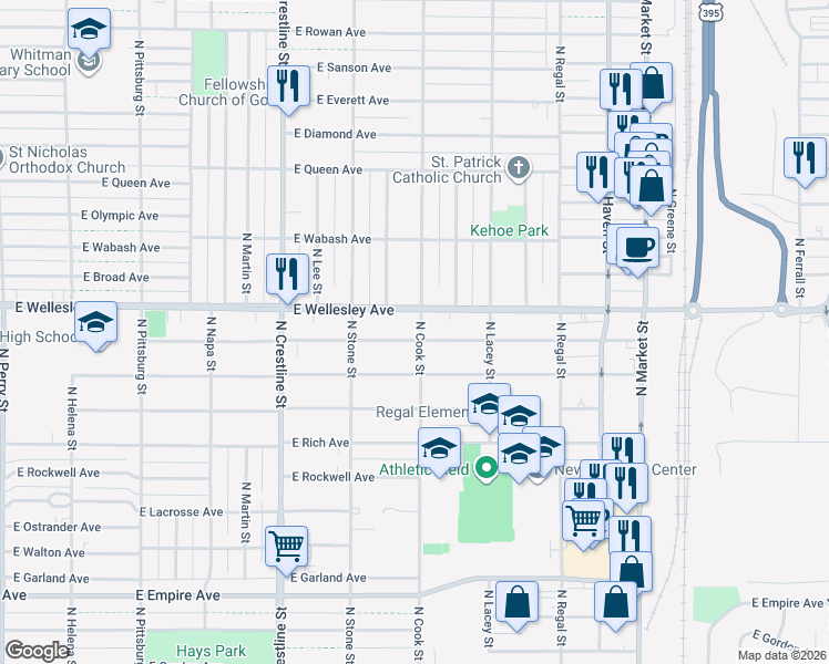 map of restaurants, bars, coffee shops, grocery stores, and more near 2427 East Hoffman Avenue in Spokane