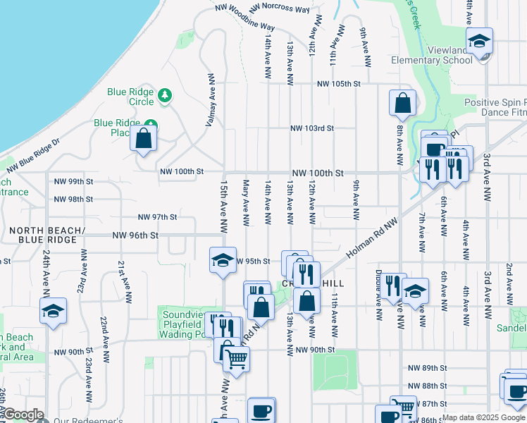 map of restaurants, bars, coffee shops, grocery stores, and more near 9623 14th Avenue Northwest in Seattle