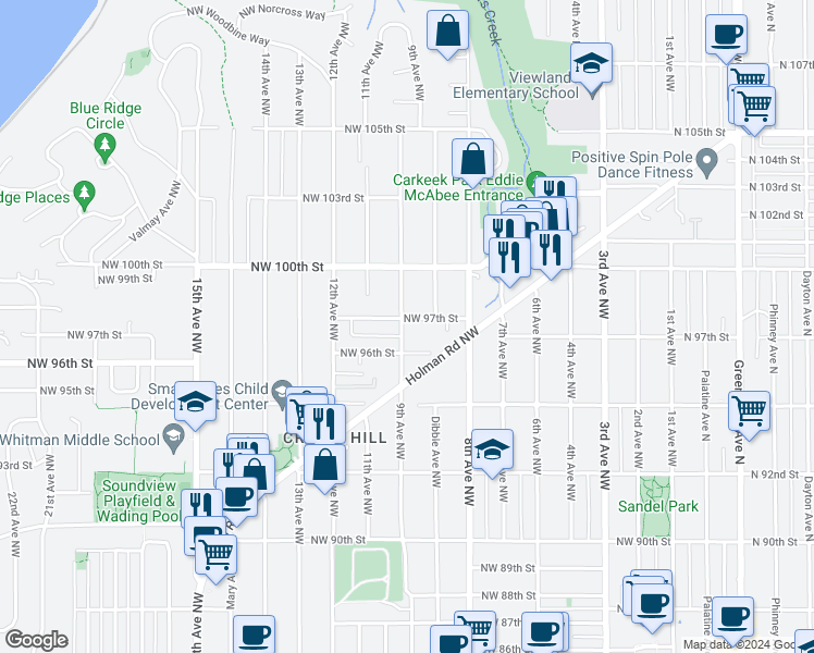 map of restaurants, bars, coffee shops, grocery stores, and more near 859 Northwest 97th Street in Seattle