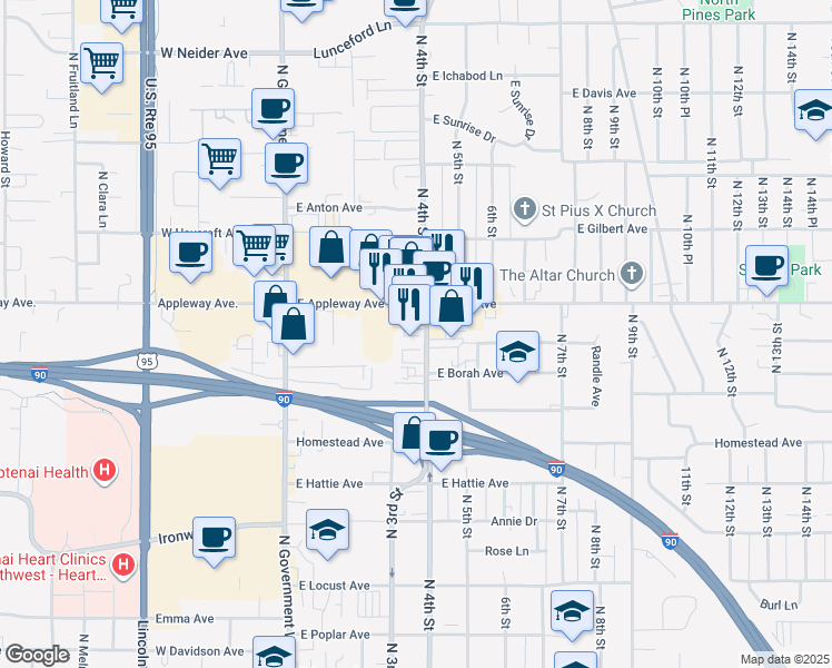 map of restaurants, bars, coffee shops, grocery stores, and more near in Coeur d'Alene